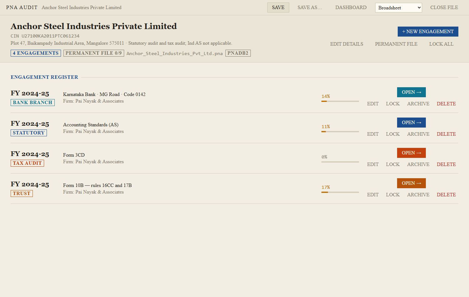 The client window: one row per engagement, with its progress. This file carries four different kinds of audit.